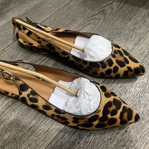 J. CREW Leopard Print Calfhair Pointy Toe Slingback Flats